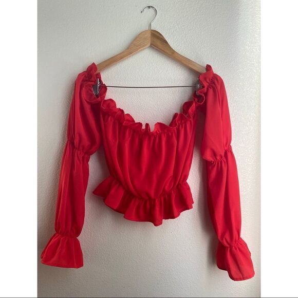 3/$20 | Red Long Puff Sleeve Off Shoulder Blouse, Size S - Picture 1 of 7
